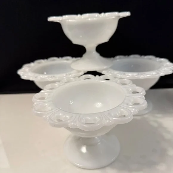 Vintage Anchor Hocking Milk Glass Lace  "Old Colony" 5.25" Sherbet Bowl Pedestal - Picture 3 of 16